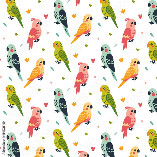 Fototapeta Children's seamless pattern with budgies of green, pink, blue and yellow colors, with feathers on the head of a pink parrot