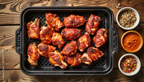 Fototapeta Grilled chicken thighs with sauces on wooden table
