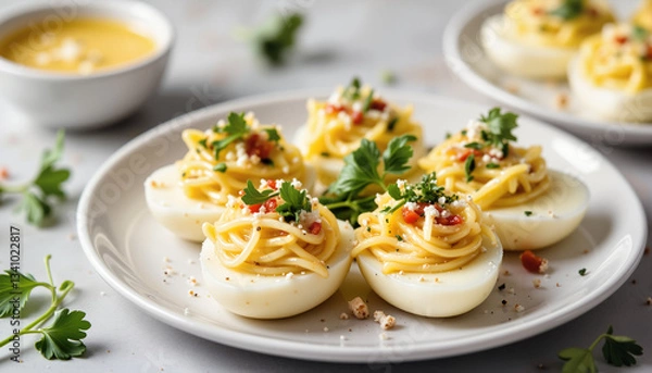Fototapeta Creative deviled eggs with spaghetti and herbs on a plate