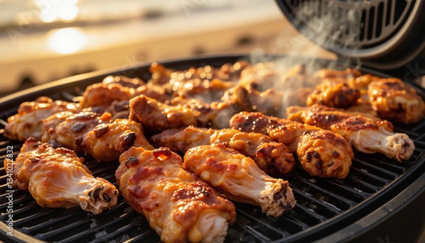 Fototapeta Grilled chicken wings sizzling on a barbecue grill