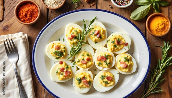 Fototapeta Deviled eggs with herbs and spices on wooden table
