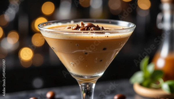 Fototapeta Coffee martini with coffee beans on blurred bokeh background