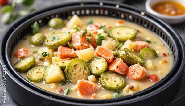 Fototapeta Delicious salmon and vegetable stew in a black bowl