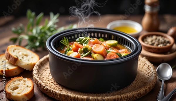 Fototapeta Delicious vegetable soup steaming in black pot on wooden table