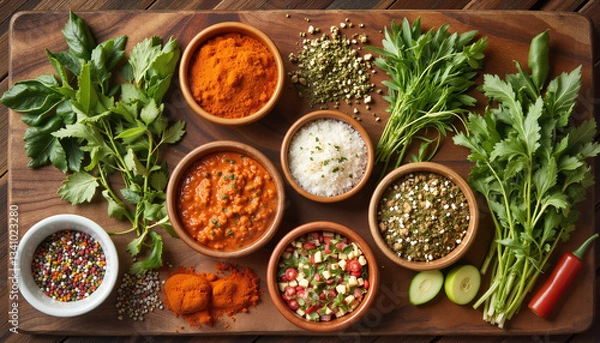 Fototapeta Colorful spices and herbs arranged on wooden board