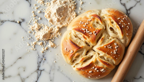 Fototapeta Freshly baked bread on marble countertop with flour