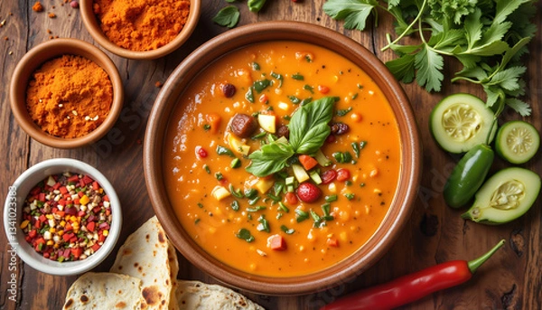 Fototapeta Savory vegetable soup in a rustic bowl on a wooden table