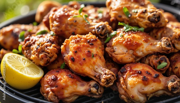 Fototapeta Grilled chicken drumsticks with barbecue sauce and lemon slice
