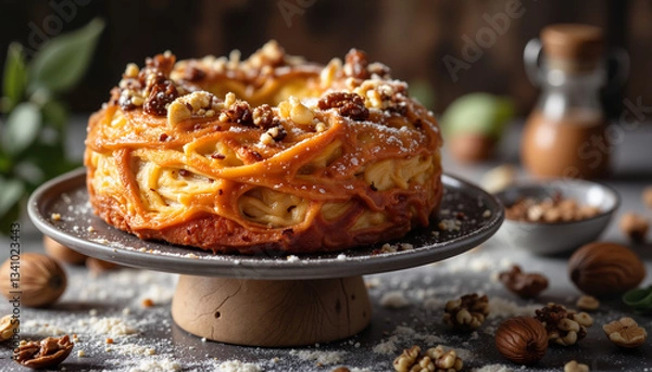 Fototapeta Delicious dessert cake with nuts and caramel sauce