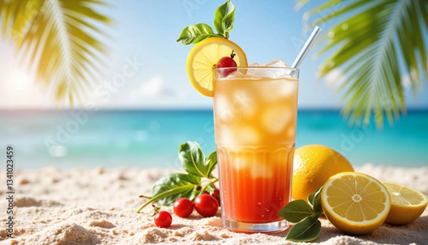 Fototapeta Refreshing drink with citrus garnishes on sandy beach