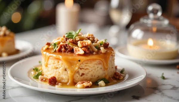 Fototapeta Delicious dessert with caramel and nuts on a table setting