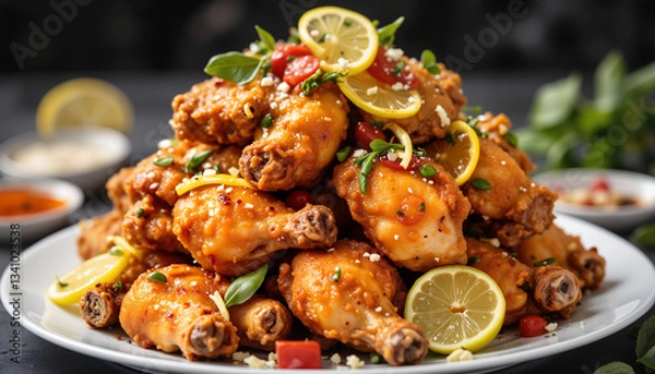 Fototapeta Fried chicken wings garnished with lemon and herbs