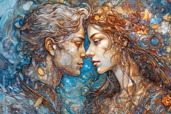 Fototapeta two faces, a young man and a woman, facing each other, their noses almost touching.  