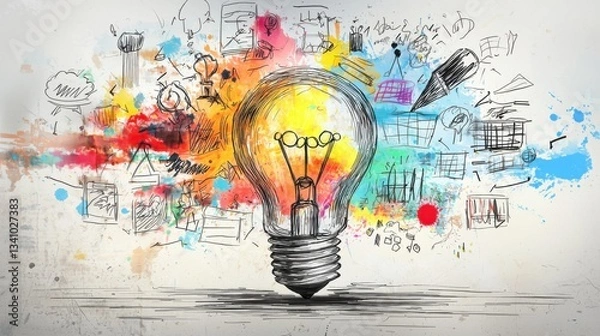Fototapeta A vibrant colorful light bulb surrounded by a dynamic mind map of sketches doodles and symbols representing the spark of innovative brilliance that ignites creative thinking and problem solving