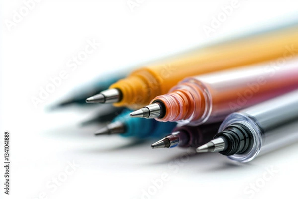Fototapeta Art supplies showcase a collection of fine point gel pens in various standard colors ideal for creative projects in a bright studio environment