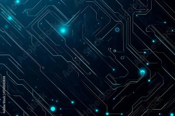 Fototapeta Abstract close-up of a glowing blue digital circuit board, showcasing intricate connections and technological design on a black background.
