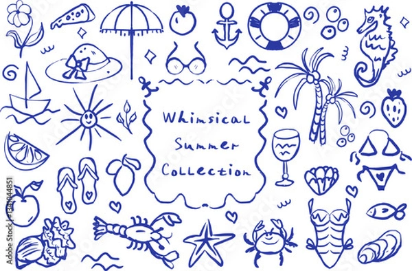 Fototapeta Whimsical Summer Vacation Collection hand drawn doodle style. Retro coastal print. Sea shell in blue on white. Sea life background, Marine set with sea shells. Vector illustration