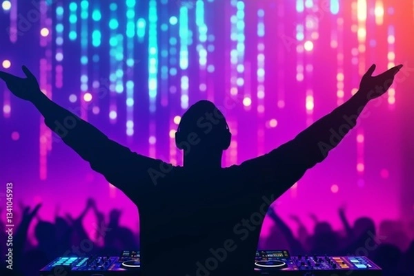 Fototapeta A silhouette of a DJ against a vivid LED backdrop, hands raised as the crowd goes wild.