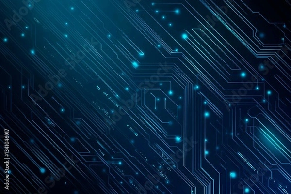 Fototapeta Abstract close-up of a glowing blue digital circuit board, showcasing intricate connections and technological design on a black background.
