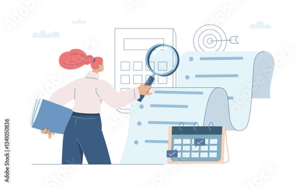 Fototapeta Concept of investment data analysis and document review, Financial auditing and systems concepts, Businesswoman holding magnifying glass looking data in document, Flat vector illustration.