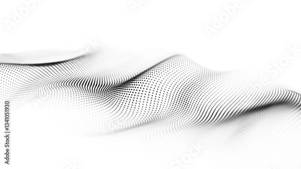 Obraz Futuristic wave of smoothly moving particles on white background. 3D rendering.