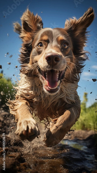 Fototapeta a frisky dog running through a puddle