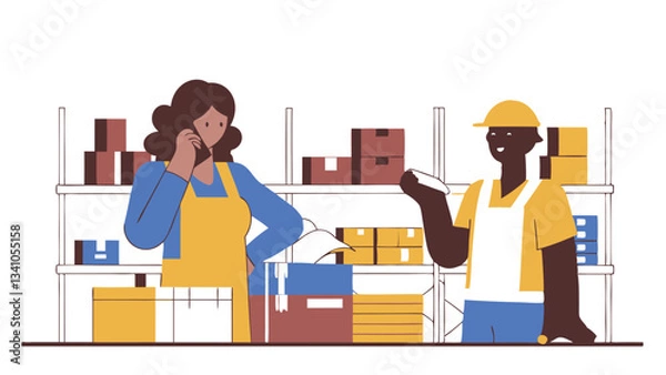 Fototapeta A female warehouse manager is talking on the phone, coordinating the process of delivery and distribution of goods. She is checking information about orders and logistics.