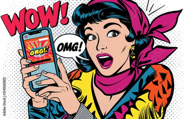 Fototapeta Retro Pop Art Woman Shocked by Hot Message on Smartphone
