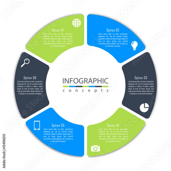 Fototapeta Vector round infographic diagram with 6 options. Circular timeline infographic, chart, diagram can be used for web design, presentation, advertising, report