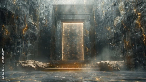Obraz A dark room with a large door that is lit up