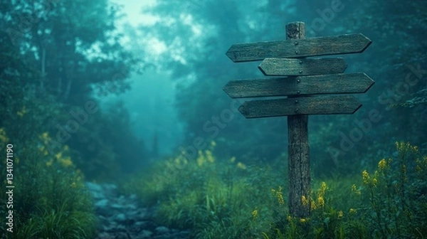 Obraz Misty directional signpost enchanted forest nature photography serene environment close-up journey's choice