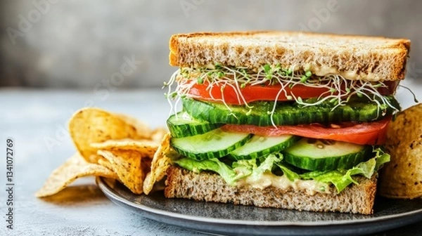 Fototapeta Fresh and healthy vegetable sandwich with tomatoes, cucumbers, and sprouts for a vegetarian meal