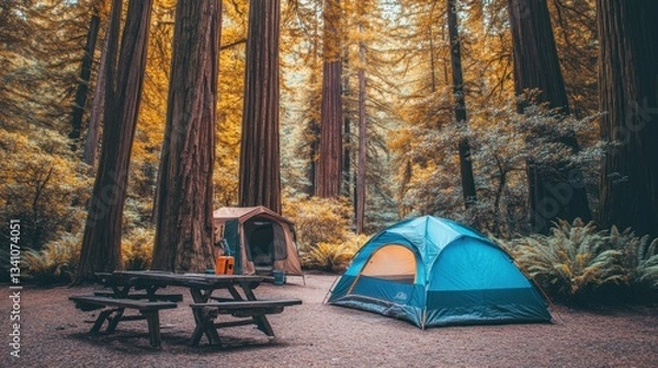 Fototapeta A campsite nestled between towering redwoods, with a soft forest floor covered in ferns