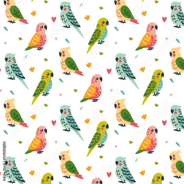 Fototapeta Children's seamless pattern with budgies of green, pink, blue and yellow colors, with feathers on the head of a yellow and blue parrots