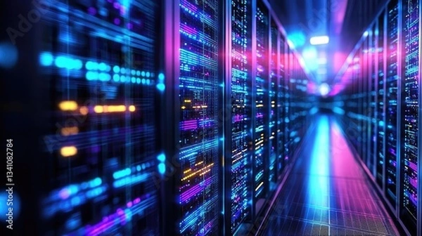 Fototapeta Cybersecurity database computing and data protection concept. Futuristic server room with vibrant lights and digital connectivity.