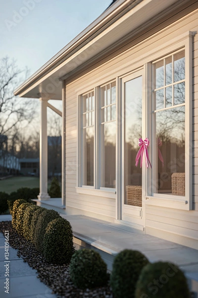 Fototapeta A charming home entrance with a pink bow on the door, neat landscaping with shrubs, and warm lighting at sunset.