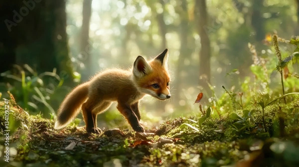 Fototapeta Young fox exploring sunlit forest floor with curiosity and wonder.
