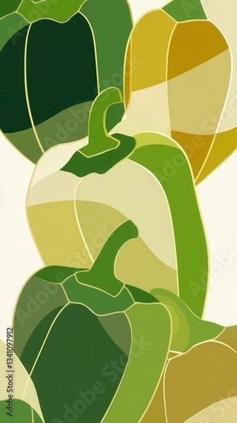 Fototapeta High quality illustration of Bell peppers in overlapping geometric shapes in gold, dynamic and stylish