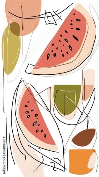 Fototapeta Line art of watermelon slices with geometric accents in brown, playful and fun High quality illustration