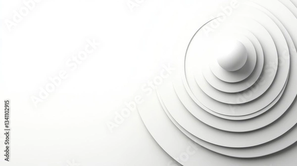 Fototapeta Concentric randomly offset white rings or circles steps fading out background wallpaper banner, close up flat lay top view from above. abstract modern minimal white background. Illustration
