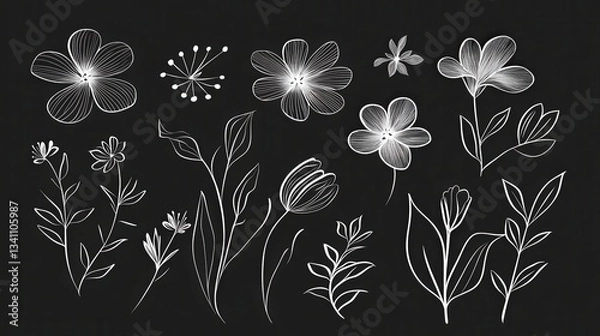 Fototapeta High quality illustration of Minimalist abstract floral design with simple leaves and modern flower shapes in black, subtle and stylish