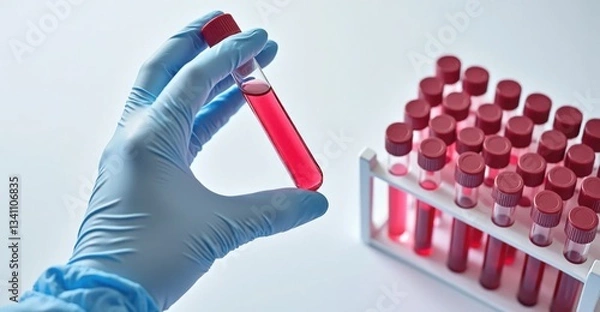 Fototapeta Holding a test tube with red liquid in a laboratory setting during an analysis process