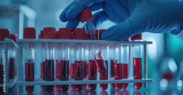 Obraz Researcher conducts blood test in laboratory with numerous blood sample tubes