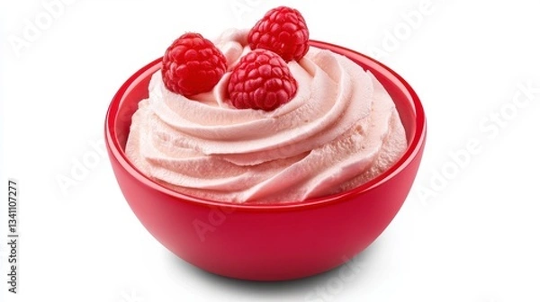 Fototapeta Raspberry mousse with tangy raspberries, whipped cream, and a smooth texture, presented in a red bowl, creamy and refreshing Hyper-quality professionnal photography, ultra detailed, high resolution