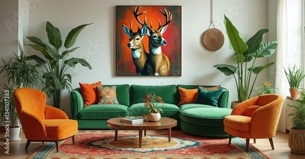 Obraz Stylish living room with vibrant decor and animal art creating a cozy atmosphere in a modern home