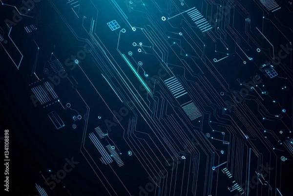 Fototapeta Abstract close-up of a glowing blue digital circuit board, showcasing intricate connections and technological design on a black background.
