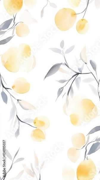 Fototapeta High quality illustration of Mandarin-inspired patterns in soft watercolor tones of yellow, dreamy and fresh