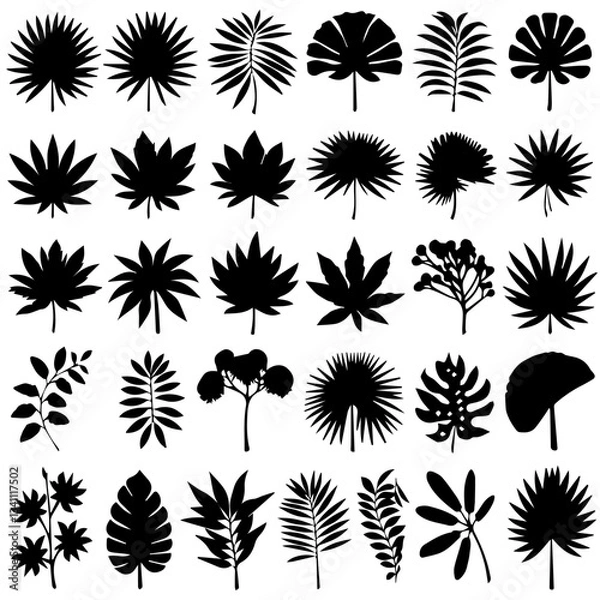 Fototapeta A collection of black silhouette tropical plant and tree icons, featuring various palm trees, ferns, and botanical elements in a minimalistic style on a white background.