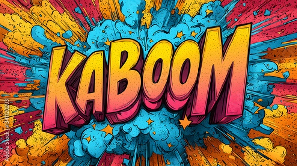 Fototapeta Vibrant comic book-style KABOOM graphic bursts with energetic lines and cloud-like shapes in shades of blue orange and yellow.