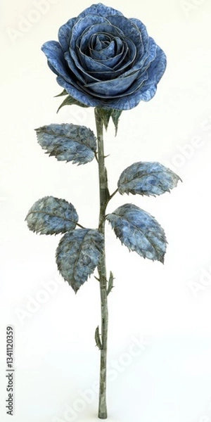 Obraz Beautiful blue rose flower with a single stem and green leaves on a white background, ideal for romantic themes and nature design projects